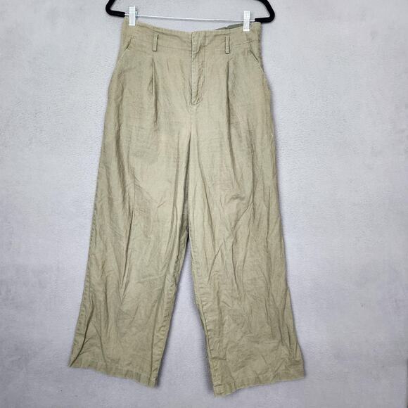 Uniqlo Pants Womens Medium Green Linen Cotton Wide Leg Cropped Culotte High Rise - Picture 1 of 12